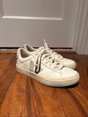Veja White Leather Sneakers with Light Green V Accent